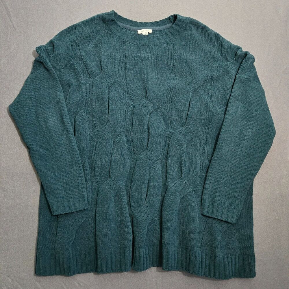 J Jill Sweater Women M Teal Green Cable Knit Chenille Chunky Oversized
